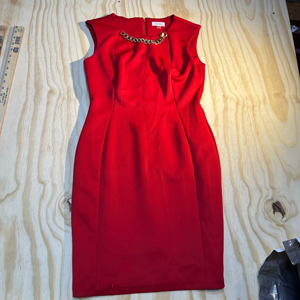 Calvin Klein Womens Red Gold Chain Neck Sheath Dress Size 10 Sleeveless
